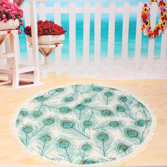 150CM Peacock Feather Printed Round Towel Yoga Mat Beach Printing Throw Shawl Wall Hanging Tapestry