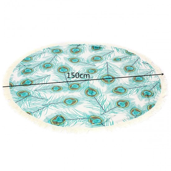 150CM Peacock Feather Printed Round Towel Yoga Mat Beach Printing Throw Shawl Wall Hanging Tapestry