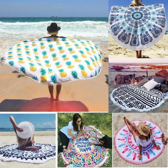 150CM Pineapple Pattern Round Yoga Mat Beach Printing Towel Shawl Wall Hanging Tapestry