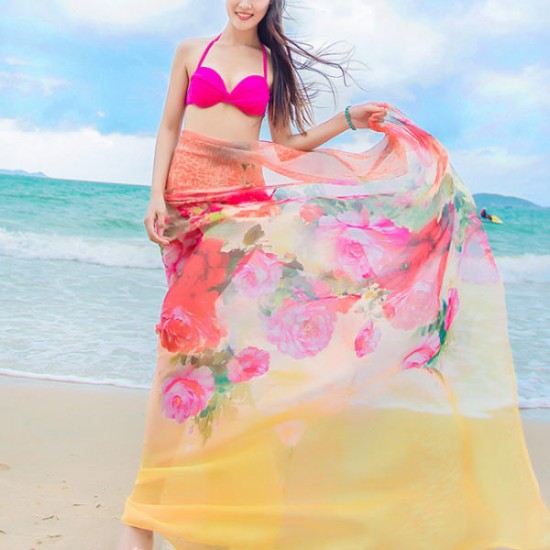 Women Sexy Silk Floral Printed Beach Towel Summer Thin Sunscreen Soft Shawls Dual Wraps