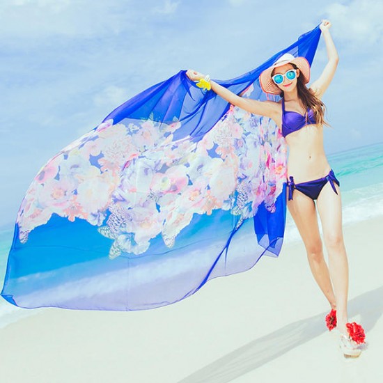 Women Summer Silk Floral Beach Towel Soft Long Sunscreen Scarf Shawl