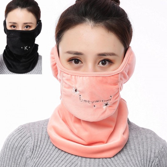 Unisex Warm Scarf Face Mask Embroidery Outdoor Riding Earmuffs Mask