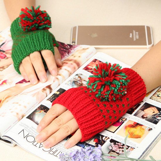 Women Girl Half Fingerless Kniting Color Mixing Ball Screen Touch Gloves