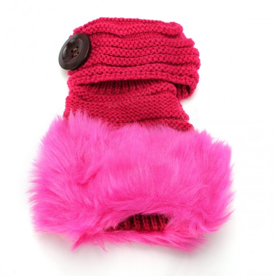 Women Ladies Crochet Knitted Fingerless Gloves Button Decorative Fur Mittens