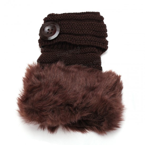Women Ladies Crochet Knitted Fingerless Gloves Button Decorative Fur Mittens