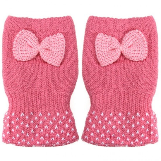 Women Ladies Cute Crochet Knitted Fingerless Gloves Hand Wrist Bowknot Mittens