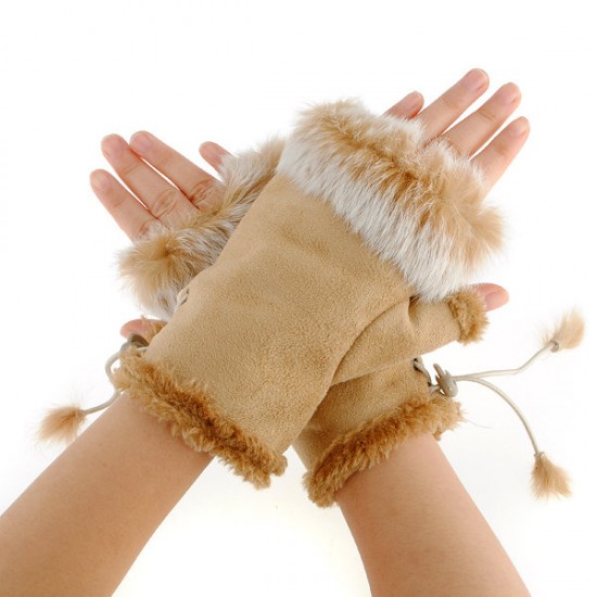 Women Ladies Faux Rabbit Fur Hand Wrist Warmer Velvet Linen Winter Fingerless Gloves