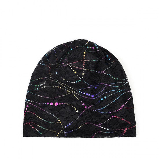 Women Rhinestone Striped Cotton Beanie Hat Casual Flexible Autumn Warm Skullies Cap