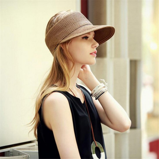 Women Summer Outdoor Foldable Straw Hat Breathable Wide Brim Sunscreen Empty Top Hat
