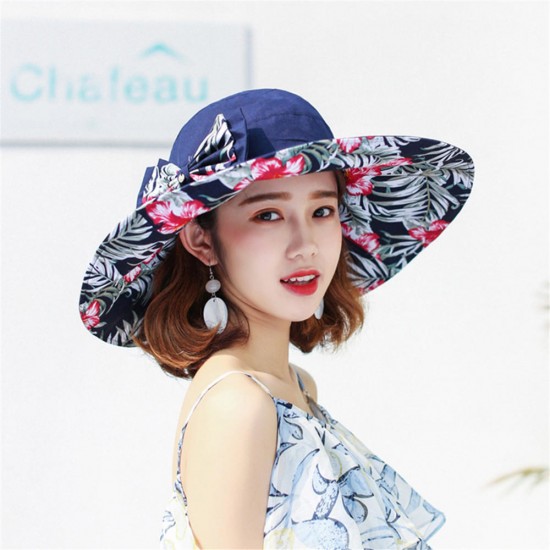 Women Summer Travel Wide Brim Visor Hat UV Protection Printing Sunshade Hat