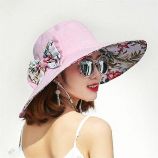 Women Summer Travel Wide Brim Visor Hat UV Protection Printing Sunshade Hat