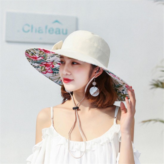 Women Summer Travel Wide Brim Visor Hat UV Protection Printing Sunshade Hat