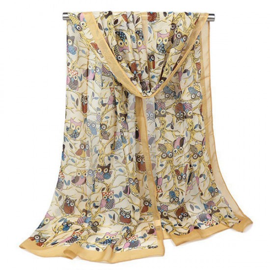 160CM Women Cute Owl Print Scarfs Chiffon Autumn Outdoor Shawl Scarves