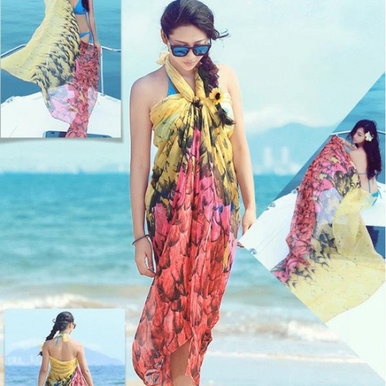 180*150CM Women Summer Chiffon Beach Towels Long Scarf Sunscreen Printed Soft Shawl