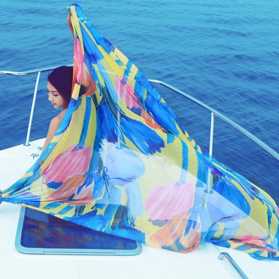 180*150CM Women Summer Chiffon Beach Towels Long Scarf Sunscreen Printed Soft Shawl