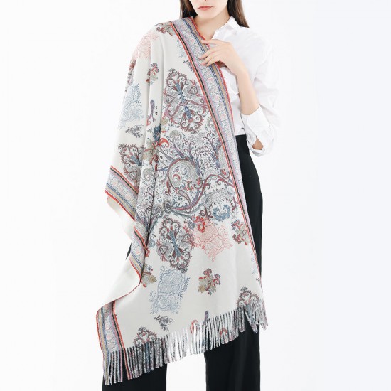 180*65CM Women Vintage Ethnic Style Artificial Cashmere Flower Pattern Scarf with Tassel