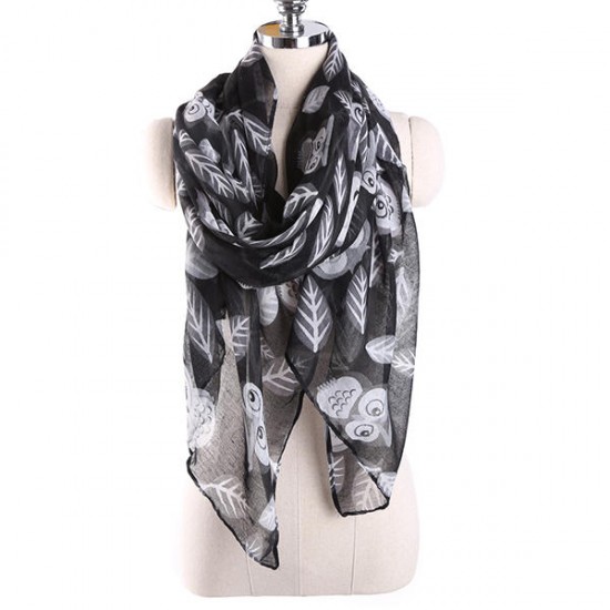 180CM Voile Owl Leaves Print Pattern Long Scarf Soft Warm Wrap Shawl For Women