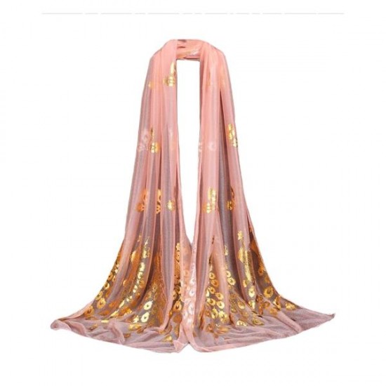 Fashion Long Gold Peacock Print Scarf Woman Ladies Thin Soft Shawl Scarves Wrap