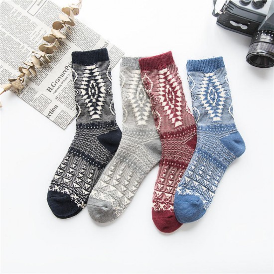 Winter Ladies Retro Thick Line Middle-Tube Sock Jacquard Plaid Stripes Casual Outdoor Ethnic Socks