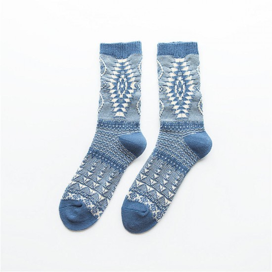 Winter Ladies Retro Thick Line Middle-Tube Sock Jacquard Plaid Stripes Casual Outdoor Ethnic Socks