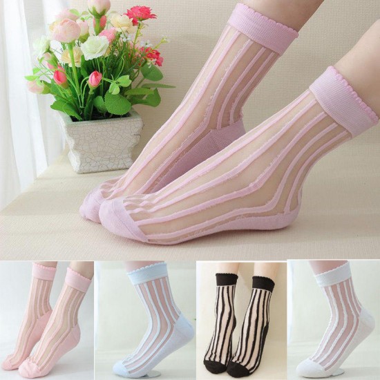 Women Ankle Low Cut Yarn Transparent Socks Crystal Striped Floral Short Pantyhose