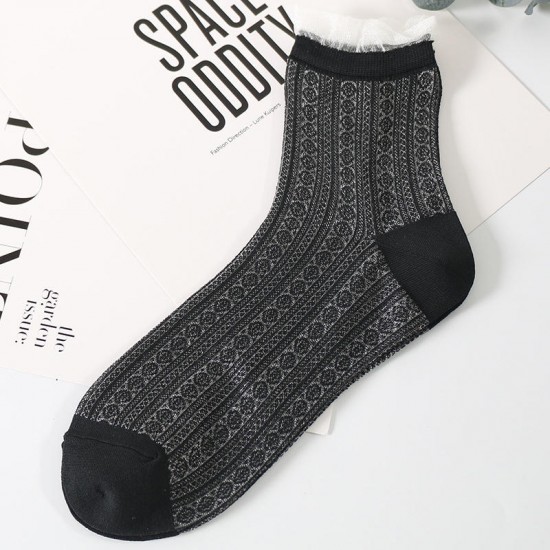 Women Crystal Hollow Out Breathable Low Cut Sock Ultra-Thin Mesh Boat Socks