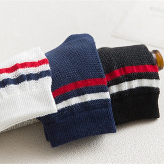 Women Girls Cotton Breathable Middle Tube Socks Striped Soft Elastic Short Socks