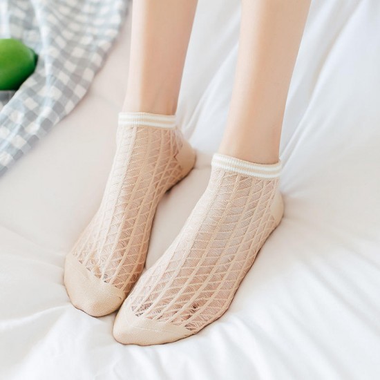 Women Summer Cotton Solid Color Hollow Breathable Mesh Boat Socks Soft Short Tube Sock