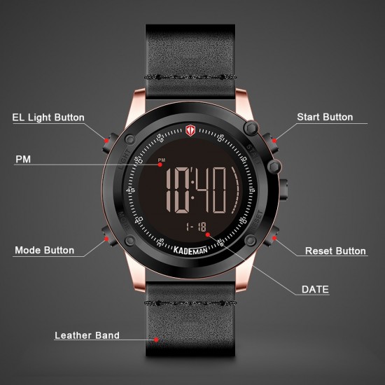 KADEMAN Military Sports Men's Watch Digital Display Waterproof Step Counter Leather Clock Top Luxury Brand LED Male Wristwatches