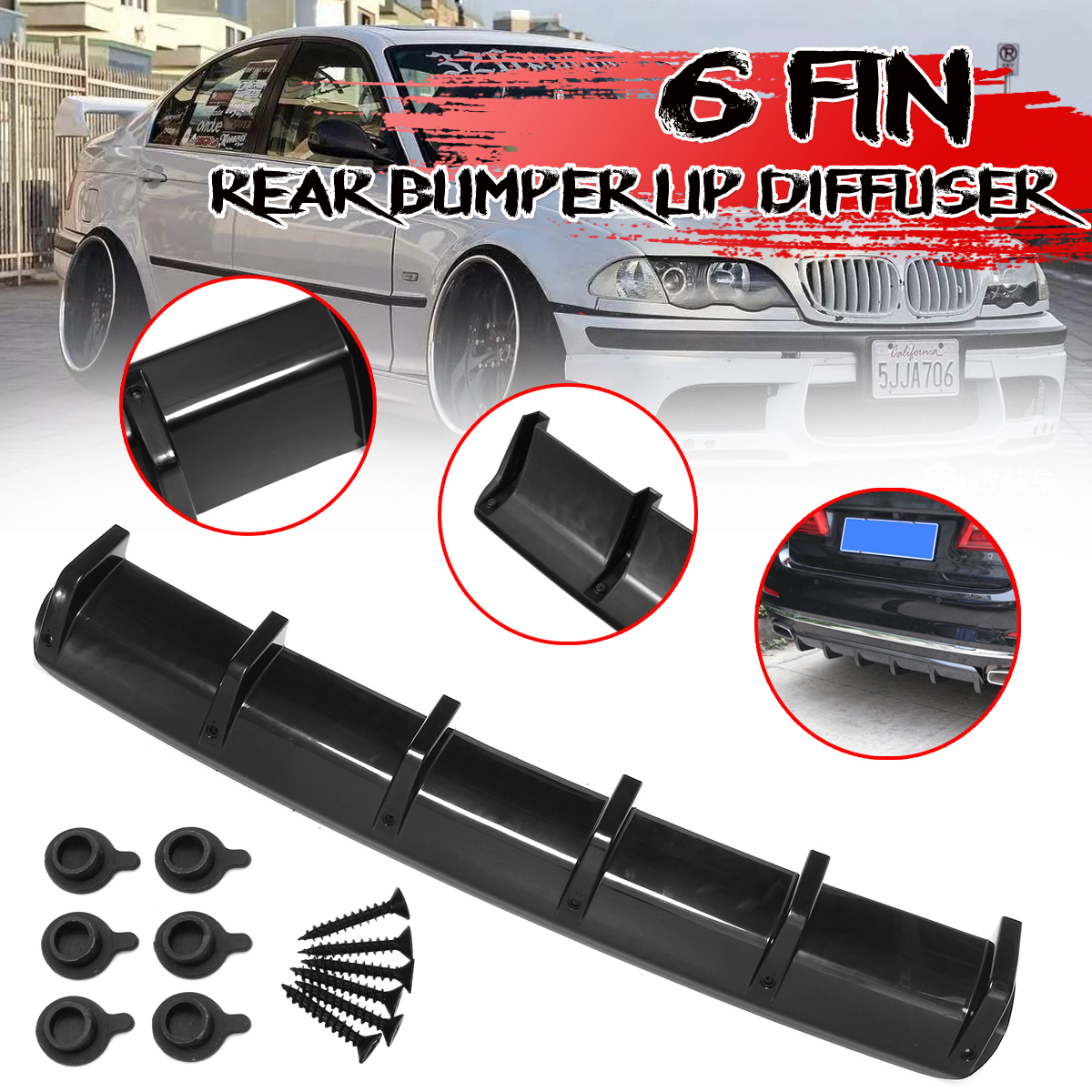 1x-6-Universal-Black-ABS-Fin-Car-Rear-Bumper-Lip-Diffuser-Scratch-Protector-Cover-Molding-Trim-1495930