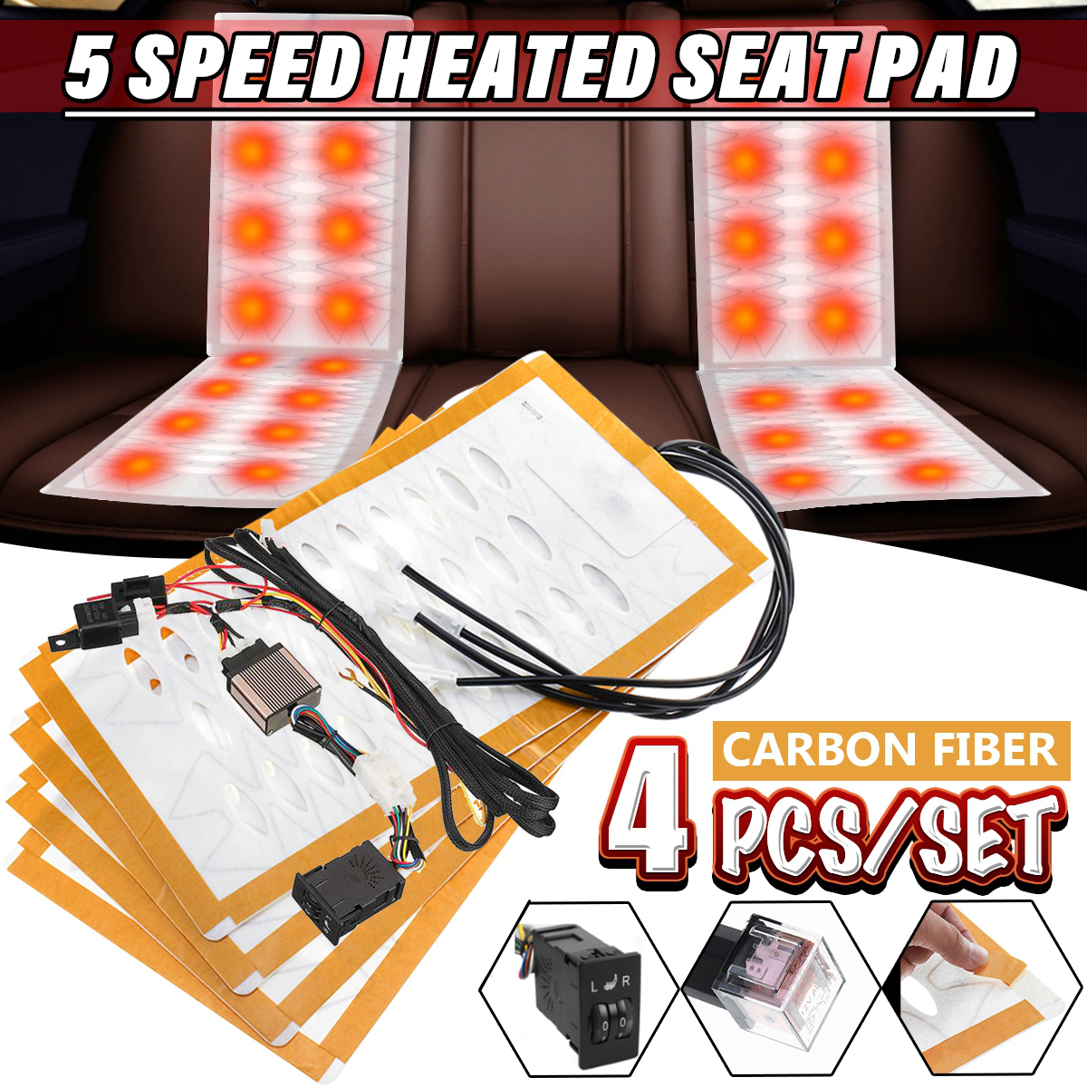 12V-5-Level-Carbon-Fiber-Car-Seat-Heating-Pads-Cushion-Round-Switch-Kit-Warmer-Mat-Universal-1414816