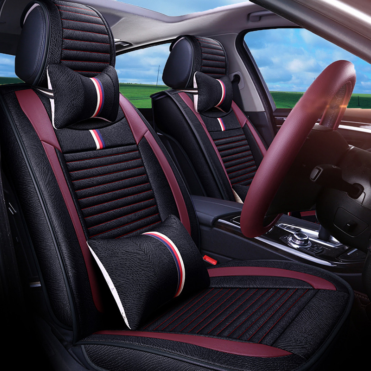 12Pcs-Luxury-5-Seat-Car-Seat-Cover-Front-Rear-with-Pillow-Waist-Cushion-Black-Red-1339785