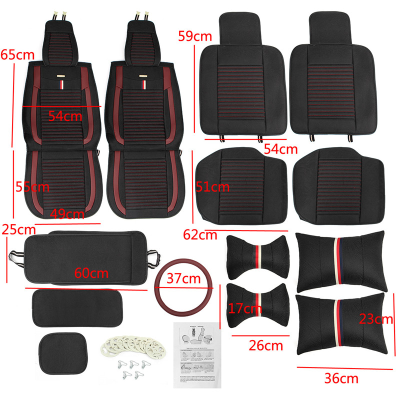 12Pcs-Luxury-5-Seat-Car-Seat-Cover-Front-Rear-with-Pillow-Waist-Cushion-Black-Red-1339785