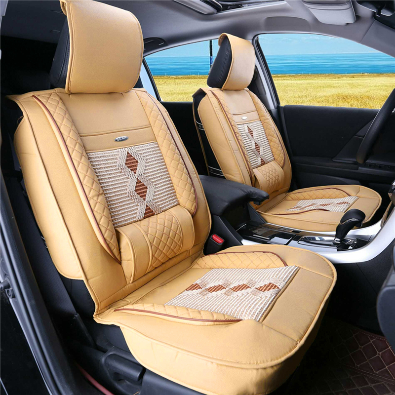 1Pcs-PU-Leather-Car-Front-Seat-Cover-Cushion-w-Ice-Silk-BlackBeige-Universal-1360034