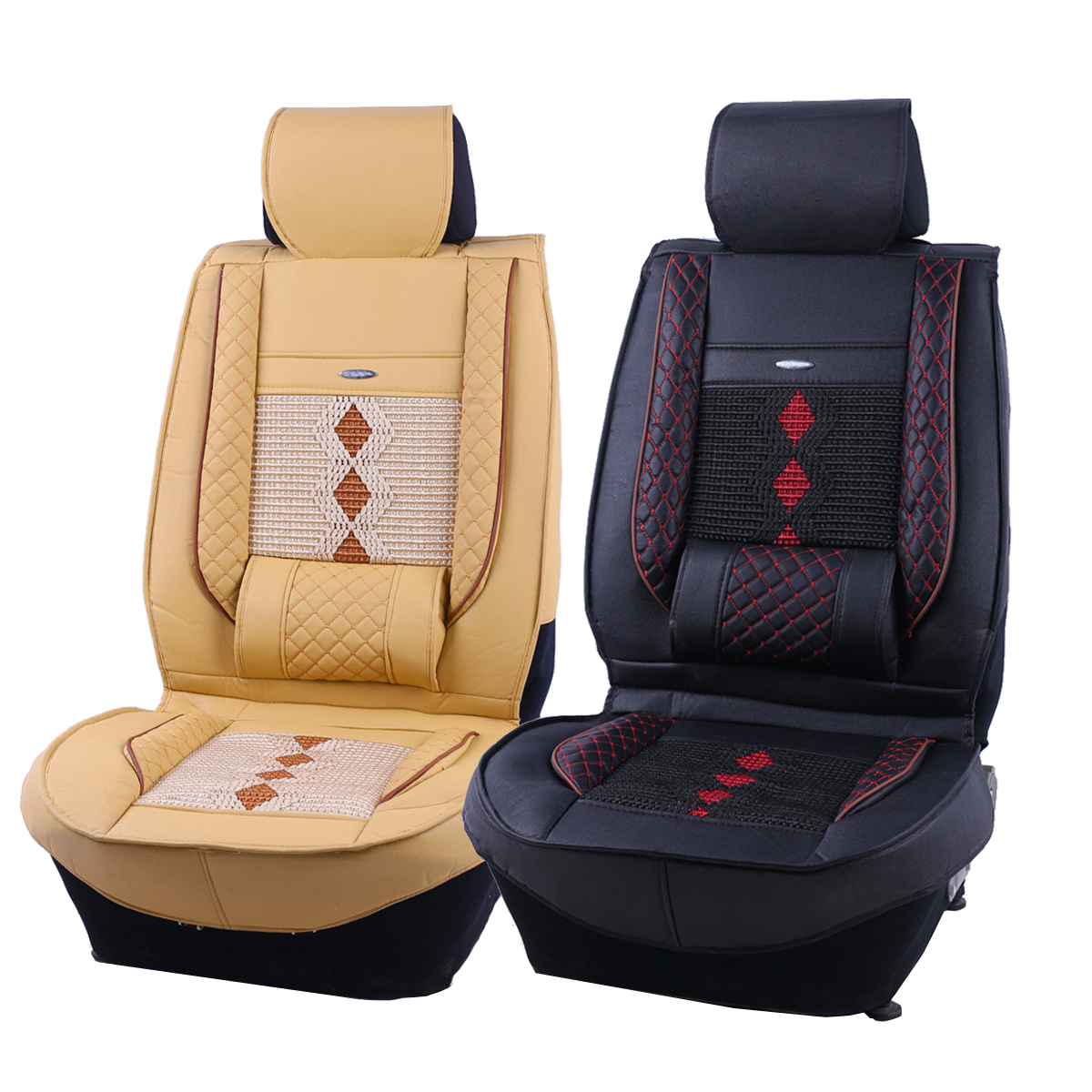 1Pcs-PU-Leather-Car-Front-Seat-Cover-Cushion-w-Ice-Silk-BlackBeige-Universal-1360034