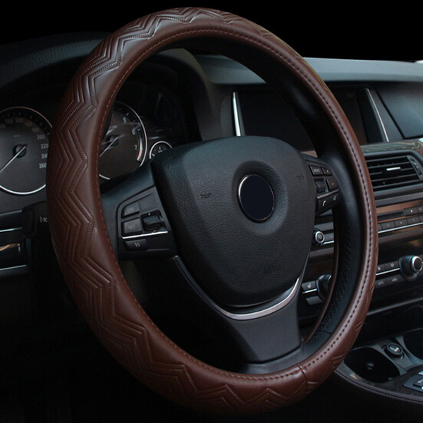 15-Inches-Plaited-Ripple-Cowhide-Leather-Steel-Ring-Wheel-Cover-Black-Brown-997369