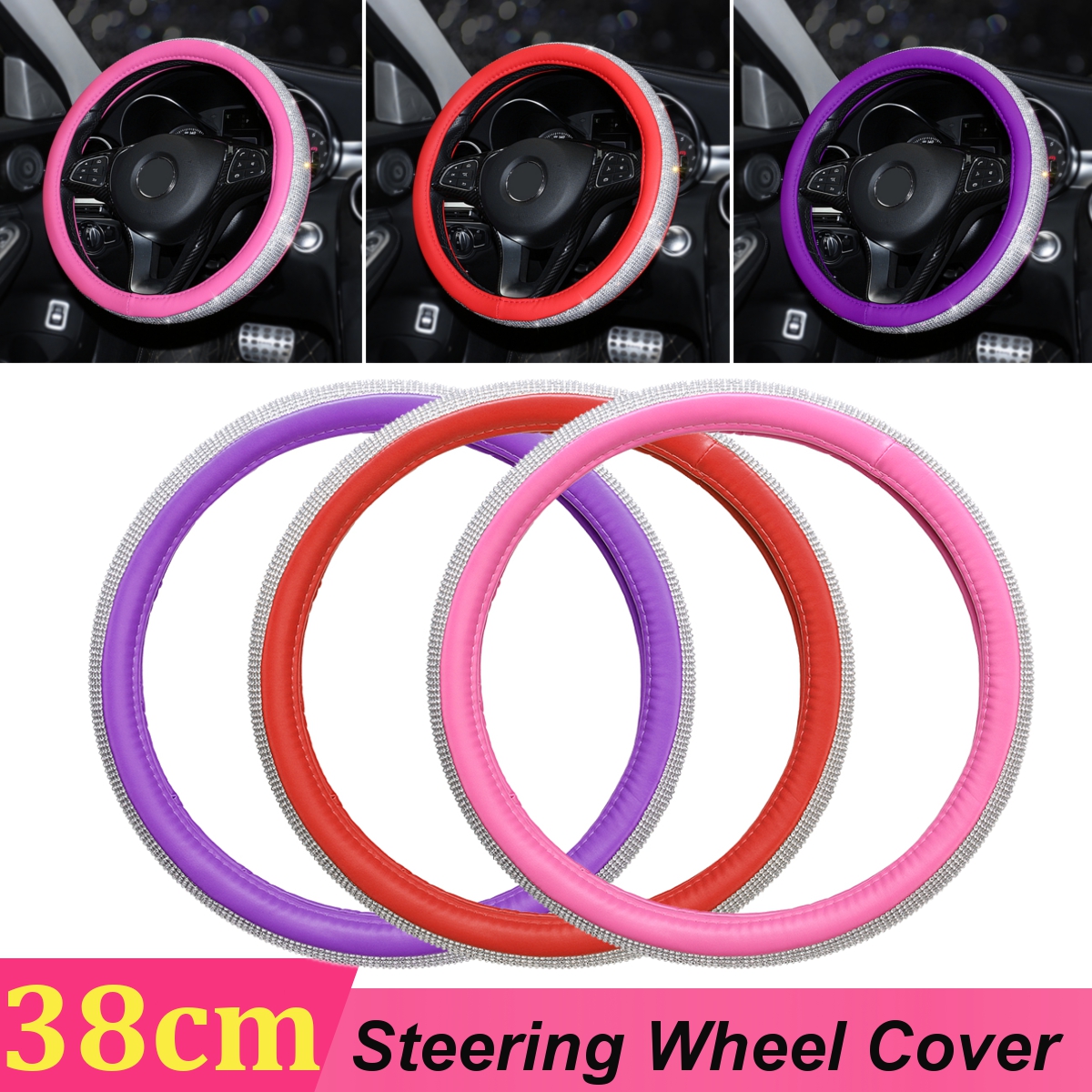 15-PU-Leather-Car-Steering-Wheel-Covers-With-Crystal-Rhinestone-Universal-1430826