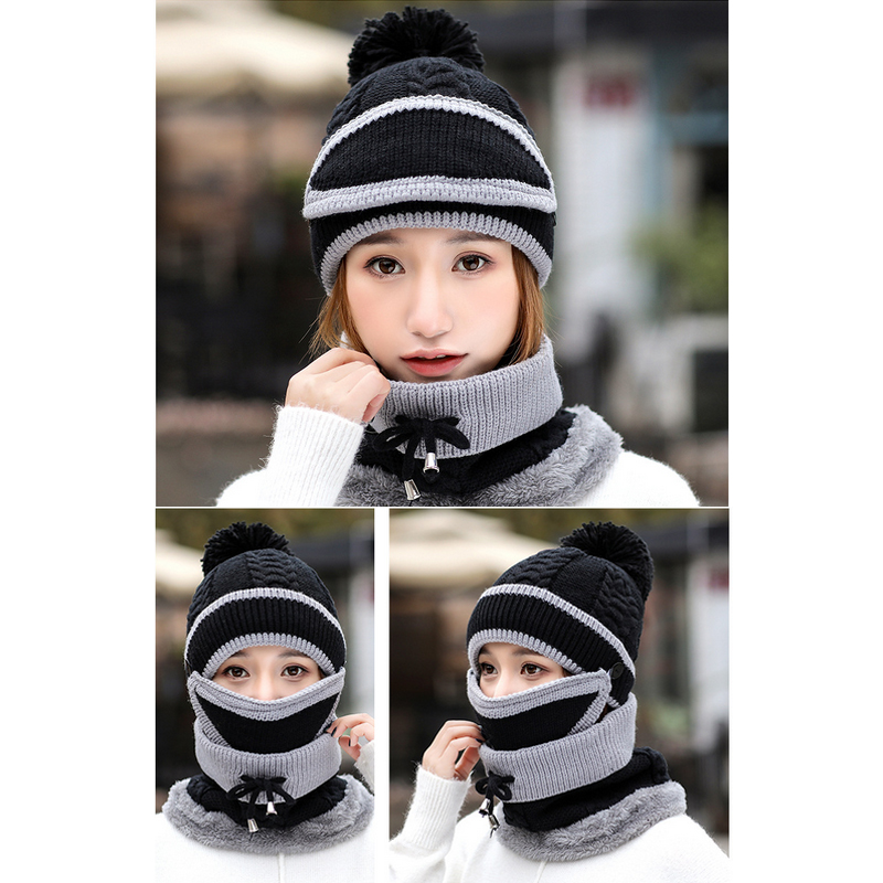 3pcs-Women-Winter-Warm-Pom-Hat-Cap-Face-Mask-Scarf-Wool-Knit-Neck-Thickened-Plush-1364312