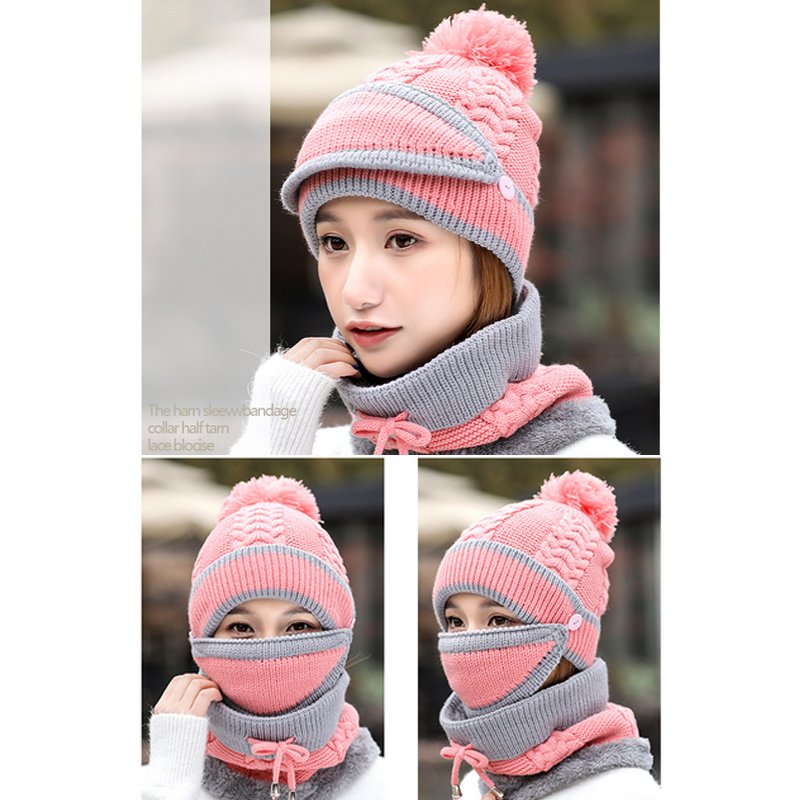 3pcs-Women-Winter-Warm-Pom-Hat-Cap-Face-Mask-Scarf-Wool-Knit-Neck-Thickened-Plush-1364312