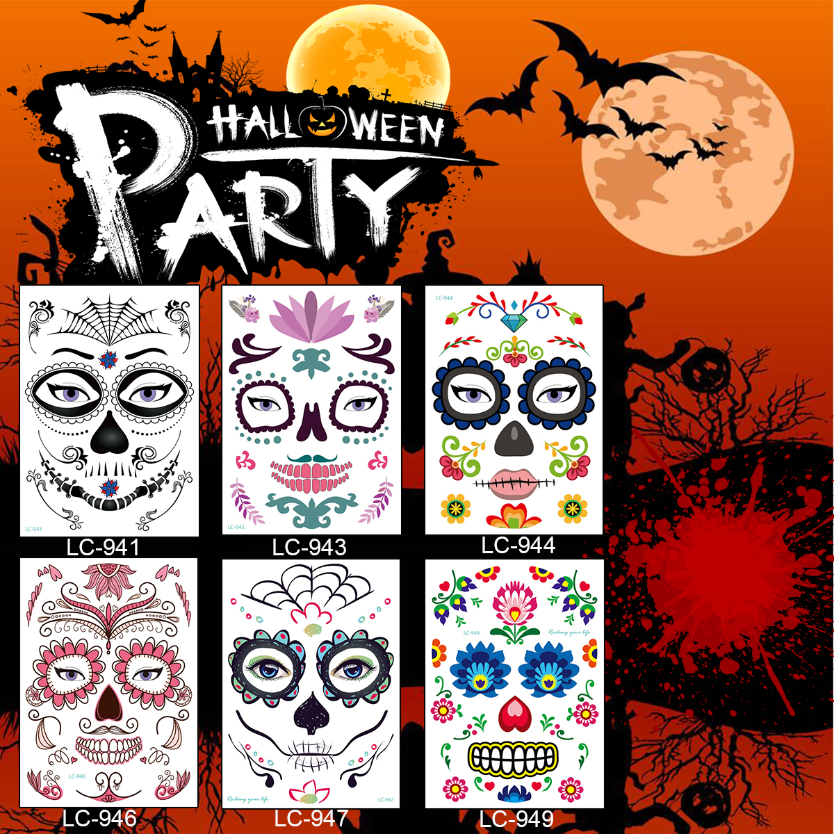 Halloween-Cosplay-Waterproof-Temporary-Skull-Face-Tattoo-Sticker-Makeup-Dress-Art-Prop-1355238