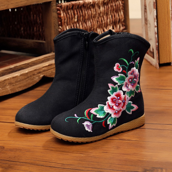 Girls-Flower-Embroidery-Breathable-Zipper-Round-Toe-Ankle-Short-Boots-1086717