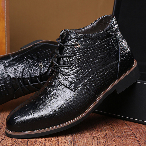 Lace-Up-Shoes-Crocodile-Pattern-Pointed-Toe-Leather-Short-Boots-For-Men-1096670