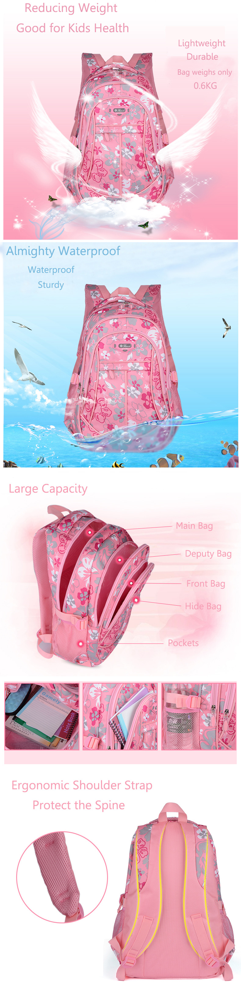 Children-Backpack-School-Bag-Flower-Print-Rucksack-Boy-Girl-Tour-Bags-999004