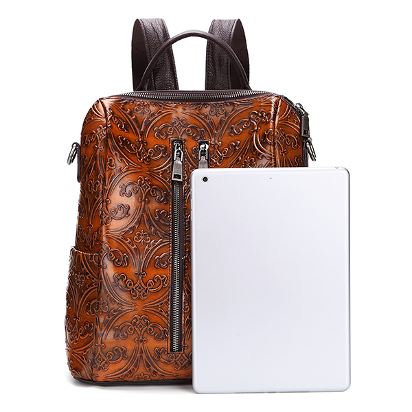 Brenice-Women-Genuine-Leather-Brush-Color-Travel-Backpack-Embossed-Shoulder-Bag-1232095