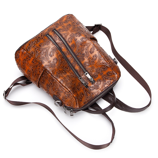 Brenice-Women-Genuine-Leather-Brush-Color-Travel-Backpack-Embossed-Shoulder-Bag-1232095
