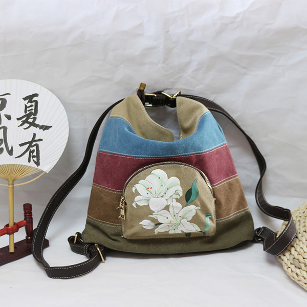 Brenice-Women-National-Lotus-Multifunctional-Canvas-Shoulder-Crossbody-Bag-Striped-Backpack-1293111