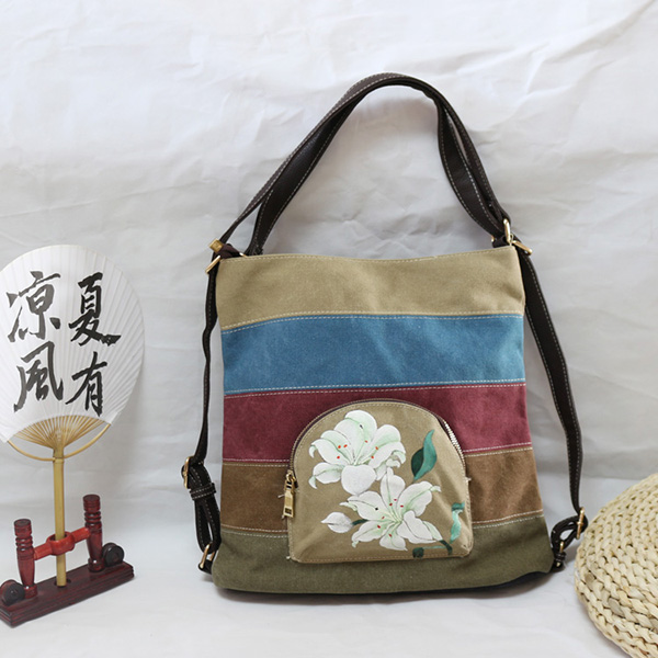 Brenice-Women-National-Lotus-Multifunctional-Canvas-Shoulder-Crossbody-Bag-Striped-Backpack-1293111