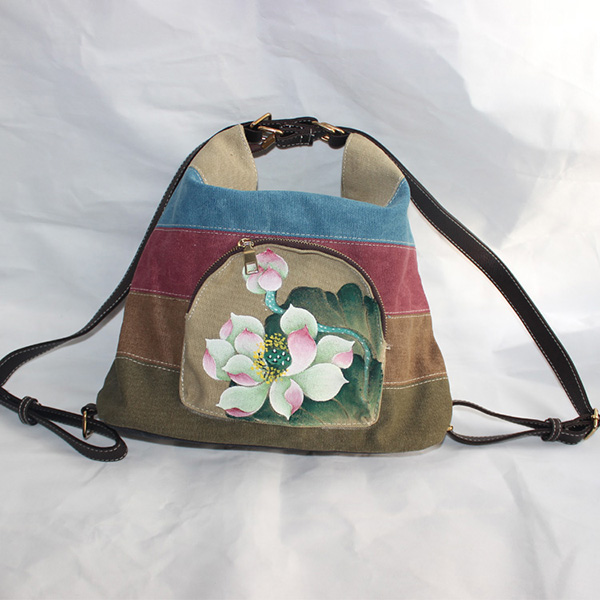 Brenice-Women-National-Lotus-Multifunctional-Canvas-Shoulder-Crossbody-Bag-Striped-Backpack-1293111