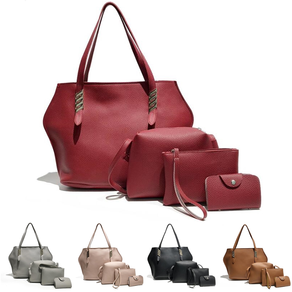 4Pcs-Faux-Leather-Solid-Leisure-Handbag-Shoulder-Bag-For-Women-1377943