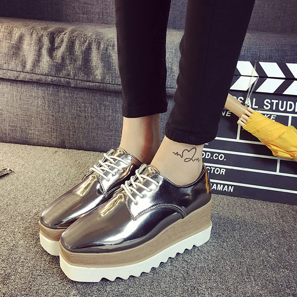 New-Women-Shiny-Lace-Up-Flats-Double-Platform-Oxfords-Fashion-Comfortable-Shoes-1051065